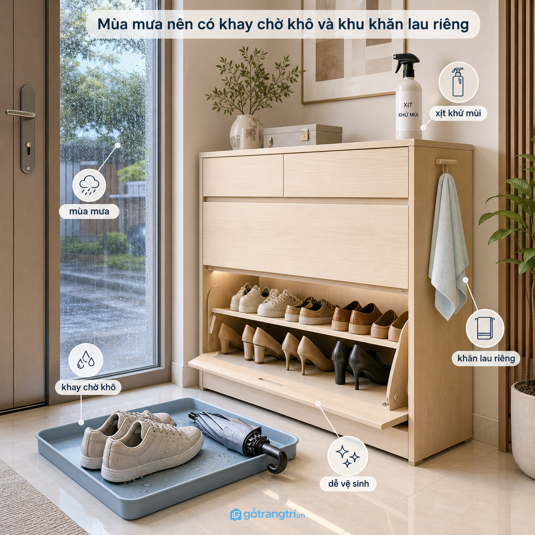 Mùa mưa nên có khay chờ khô và khu khăn lau riêng