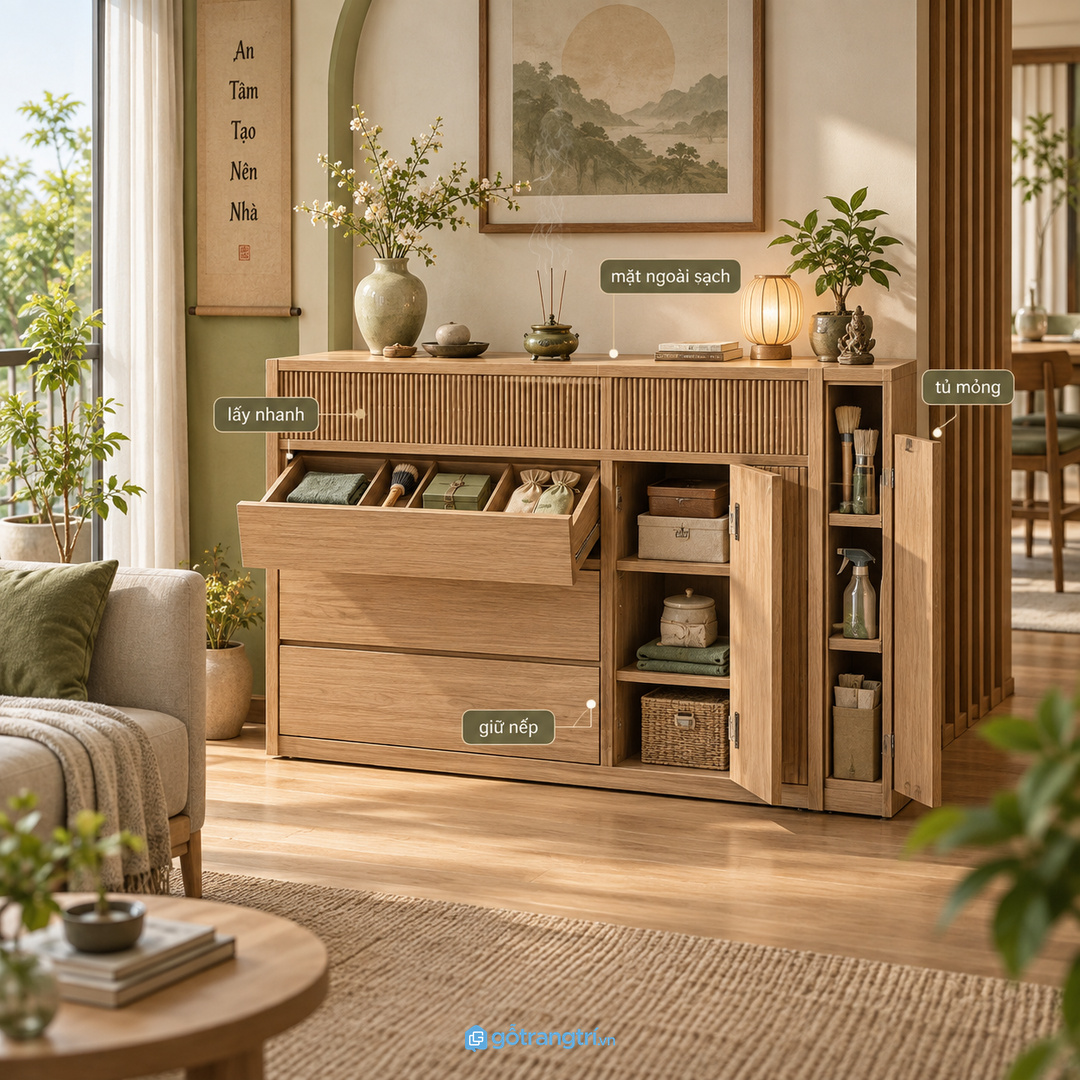 Tủ may đo giúp góc phong thủy giữ được sự trang trọng mà vẫn dễ dùng