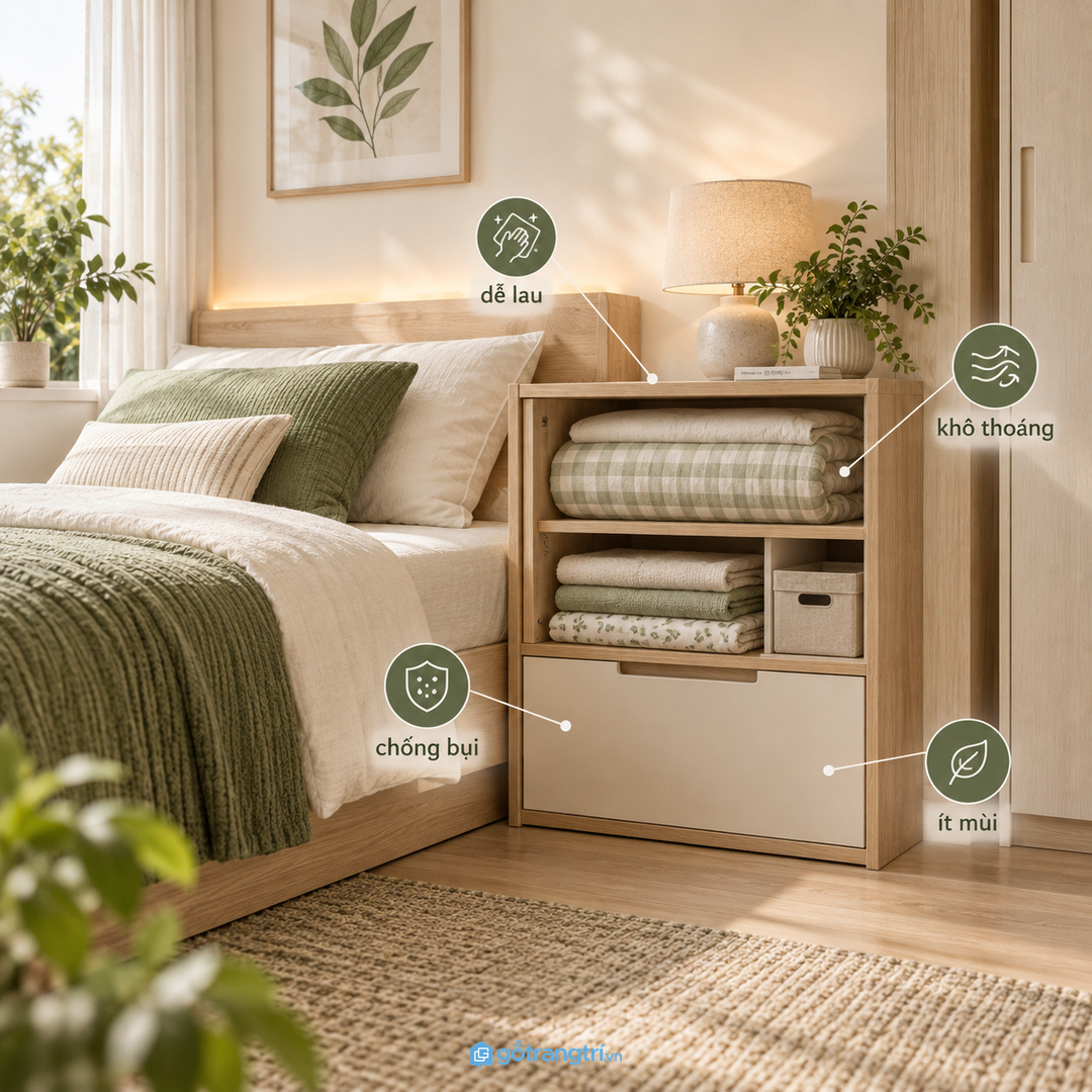 Tủ may đo giúp góc đầu giường gọn sạch và thay ga nhanh hơn