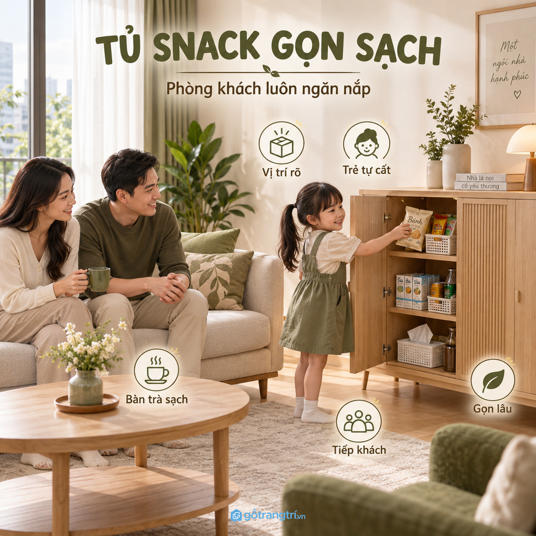 Tủ may đo giúp góc đồ ăn nhẹ gọn sạch và dễ tiếp khách hơn