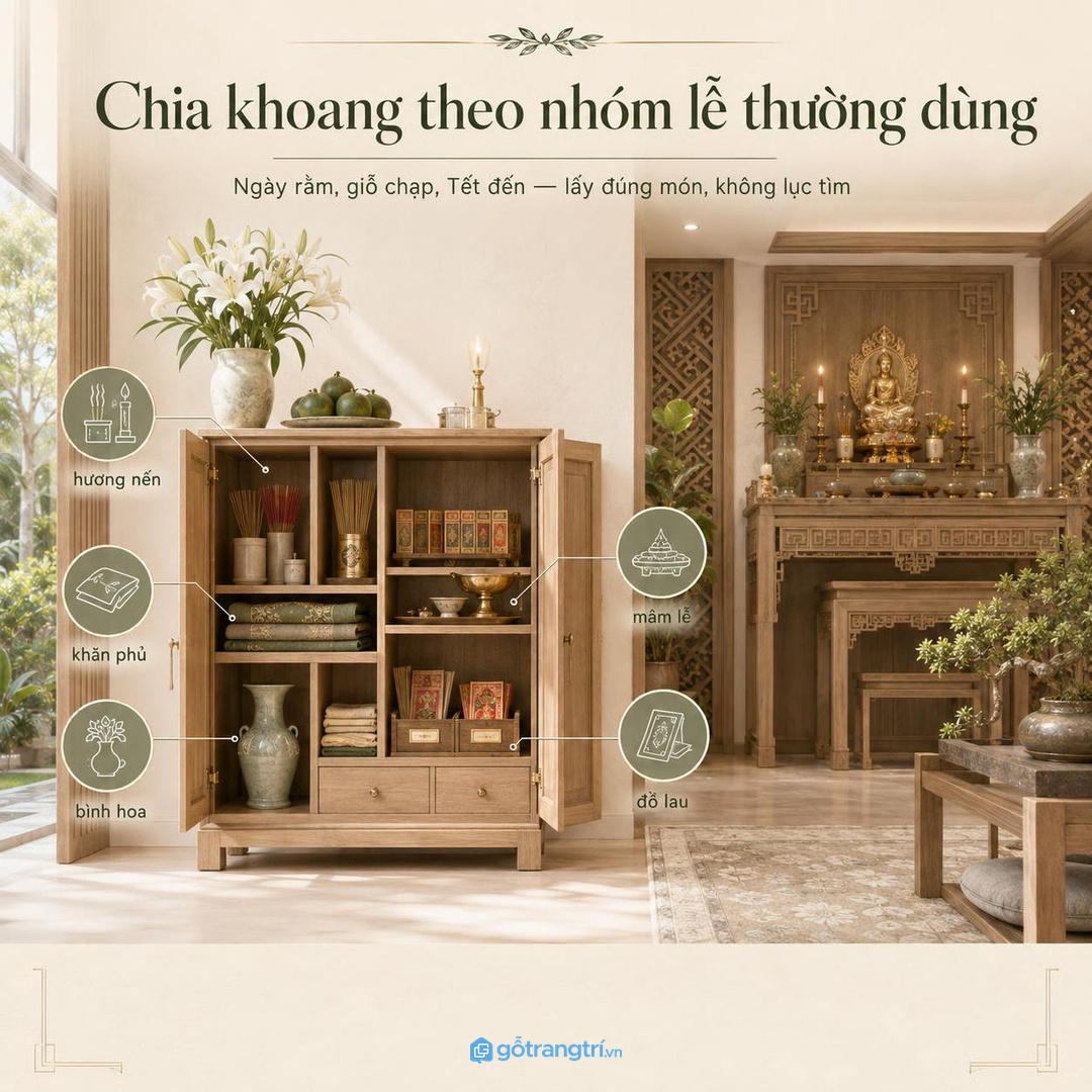 Phòng thờ đã hoàn thiện có thể bổ sung tủ đồ lễ kín đáo và đồng bộ vật liệu