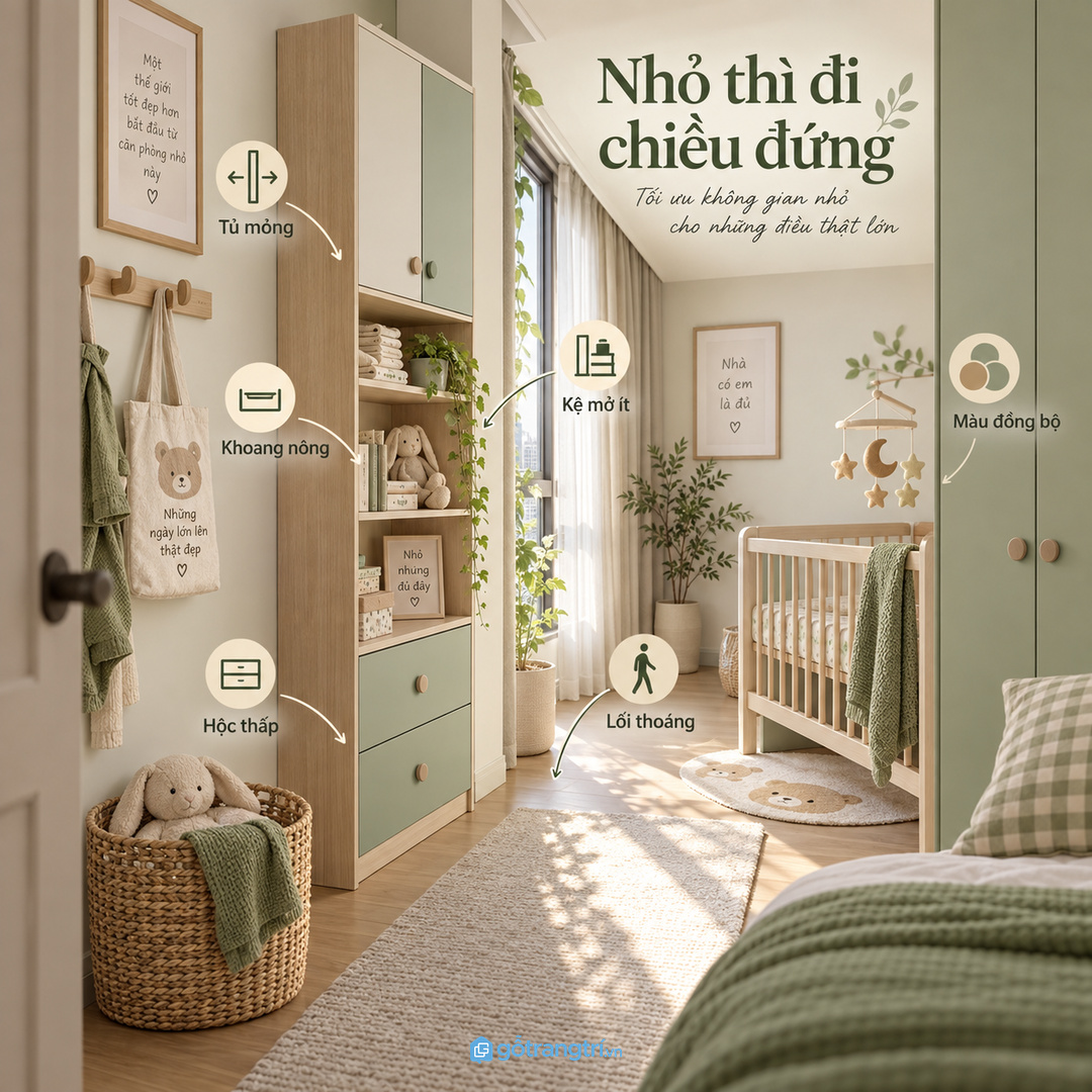 Phòng rất nhỏ nên dùng tủ cao mỏng khoang nông và mặt ngoài sạch