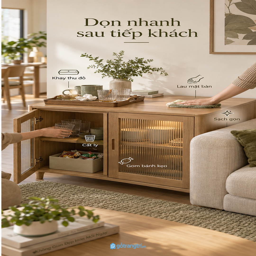 Dọn nhanh sau tiếp khách nhờ khay thu đồ cất ly gom bánh kẹo và lau mặt bàn
