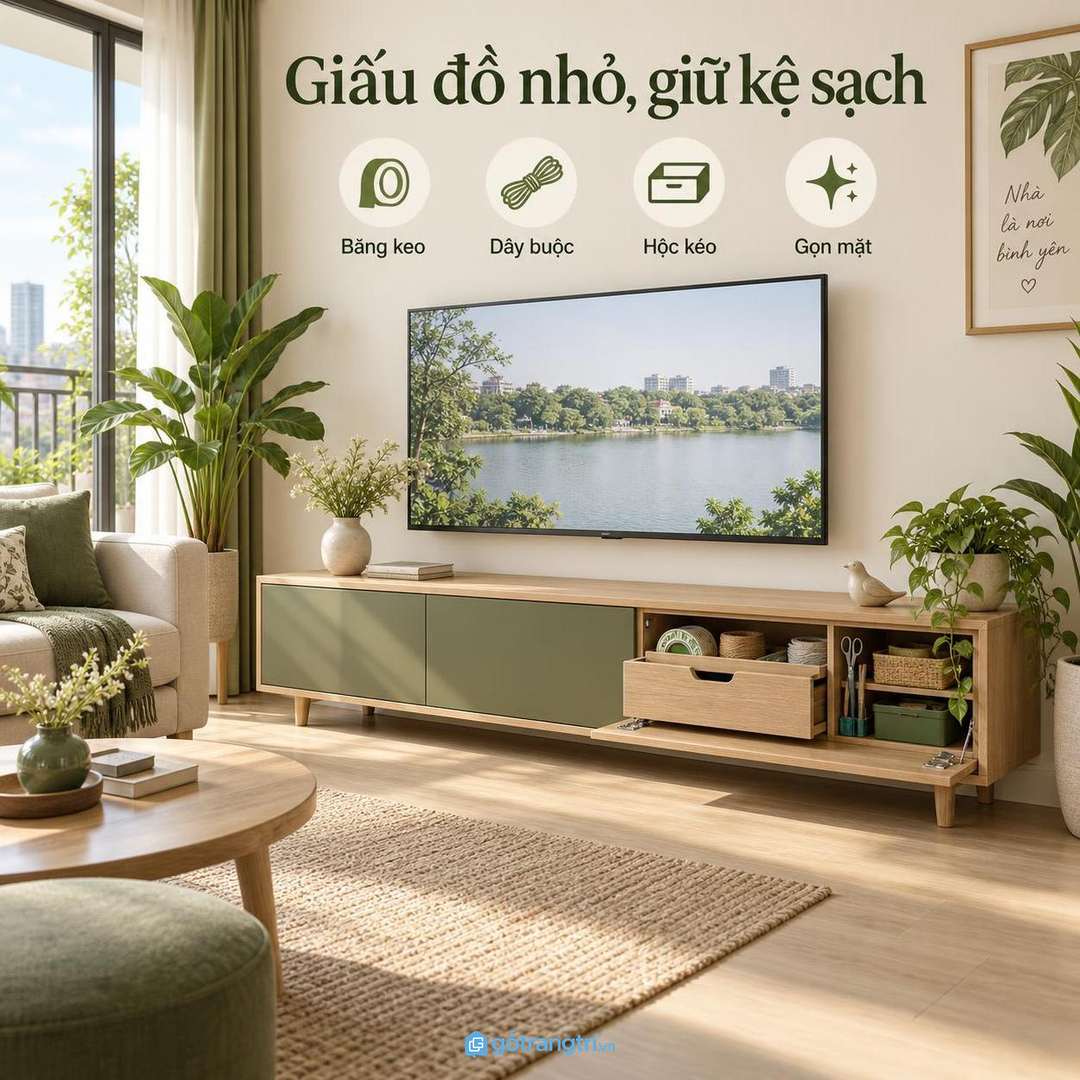 Kệ tivi sạch hơn khi băng keo dây buộc hộc kéo và đồ nhỏ được gom đúng chỗ