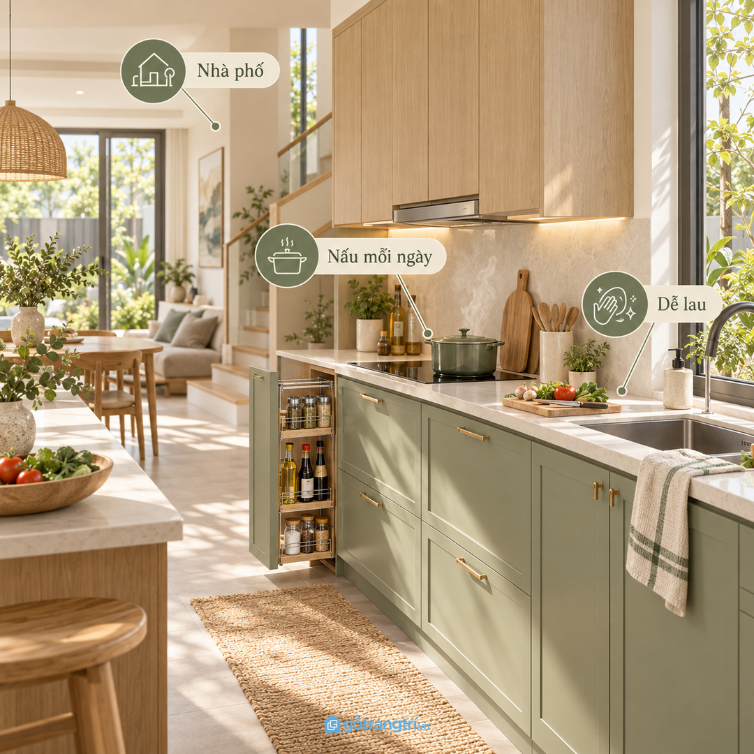 Nhà phố nấu nhiều cần khoang gia vị gọn chai lọ và dễ vệ sinh