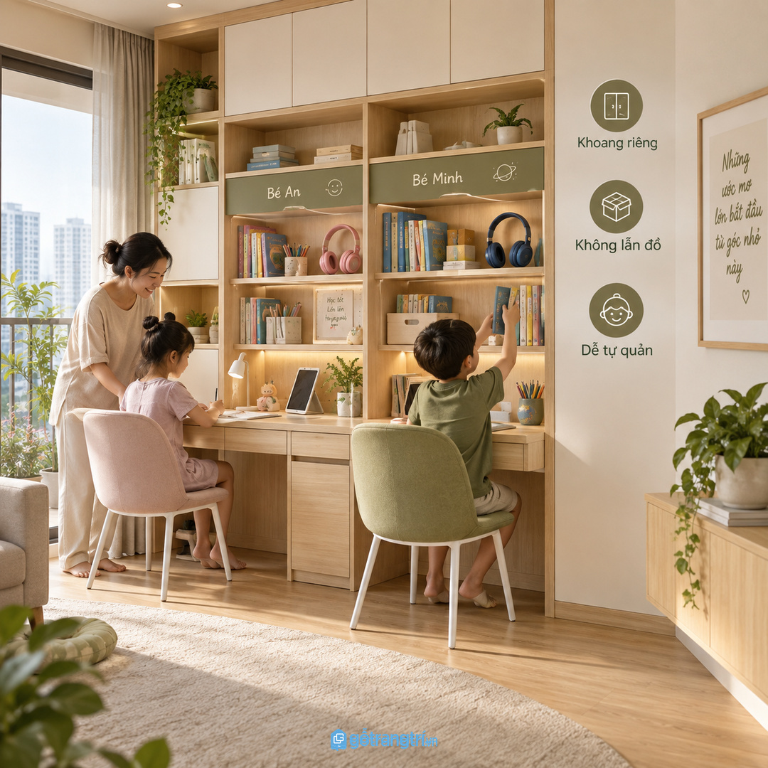 Tủ may đo giúp góc học linh hoạt gọn sạch mà vẫn đồng bộ nội thất chung cư