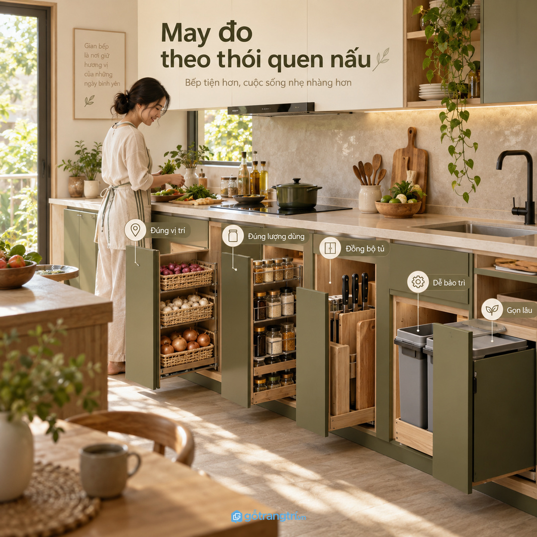 Tủ bếp may đo giúp khoang hành tỏi khớp thói quen nấu của từng nhà