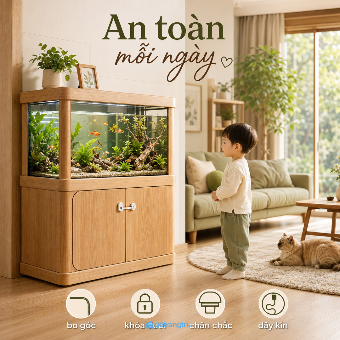 Nhà có trẻ nhỏ hoặc thú cưng cần tủ chắc, bo góc và khóa khoang dưới