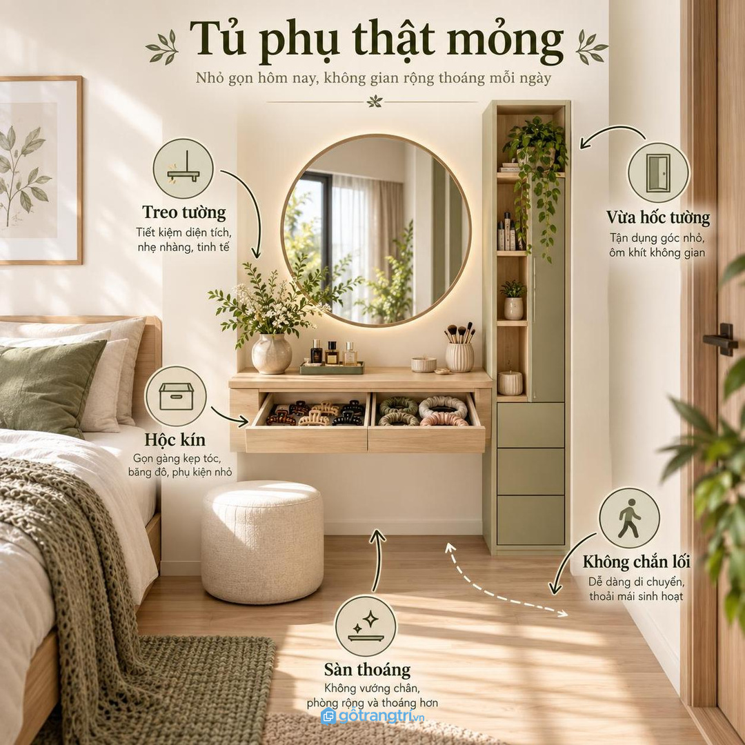 Bàn trang điểm treo tường cần tủ phụ mỏng và hộc kín