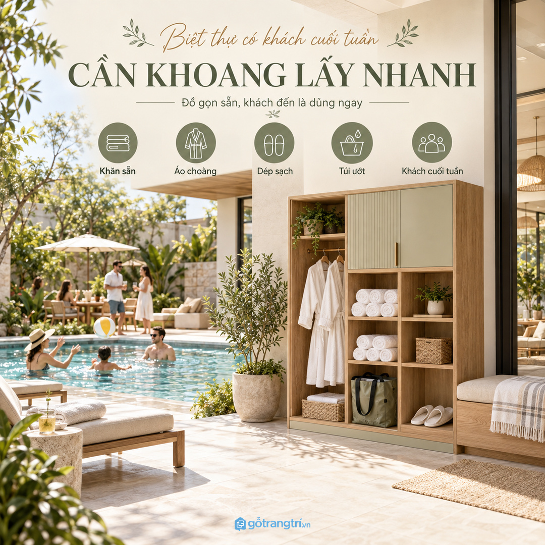 Tủ may đo giúp khu hồ bơi gọn nhưng vẫn giữ cảm giác nghỉ dưỡng sang
