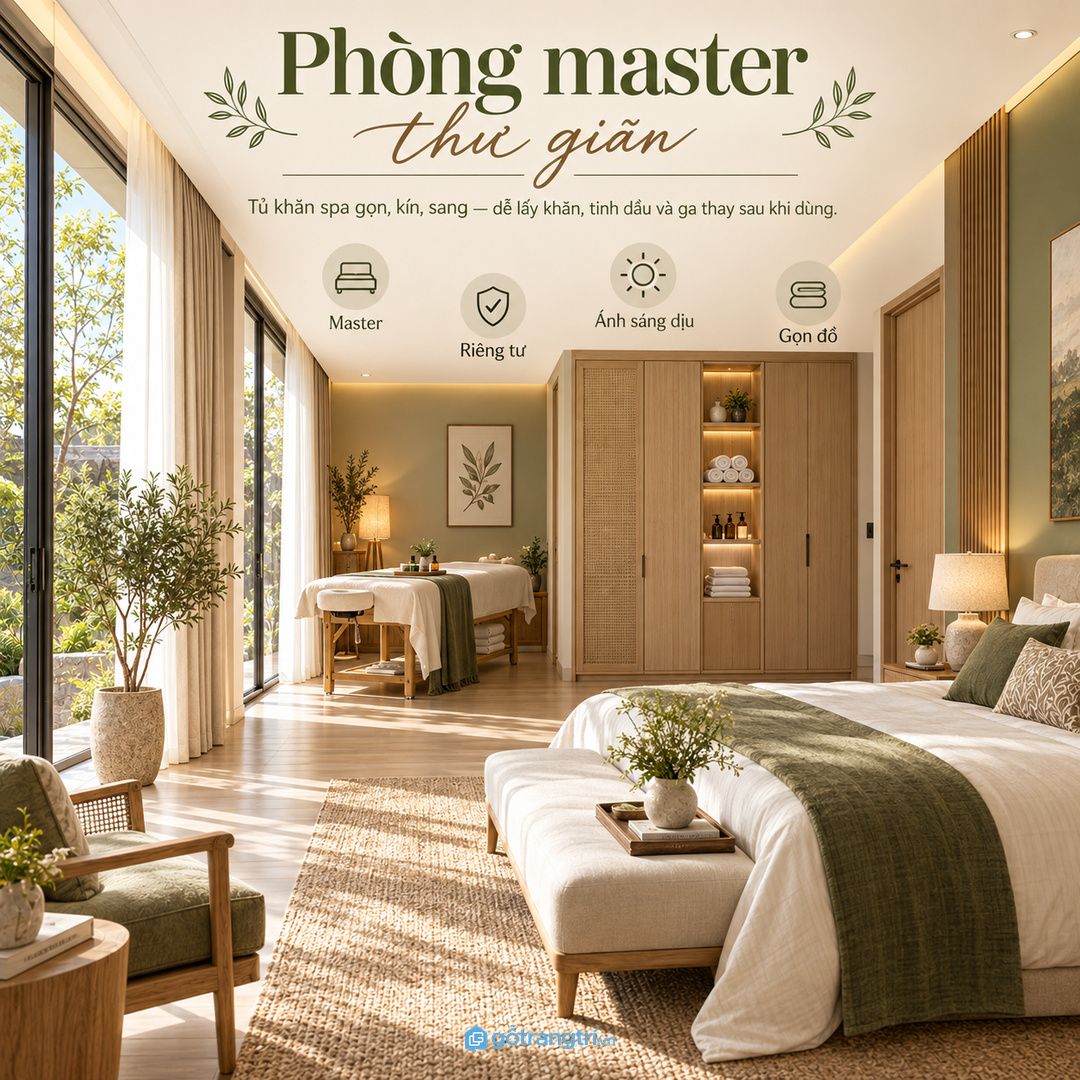 Phòng master biệt thự cần tủ khăn spa gọn kín và giữ riêng tư