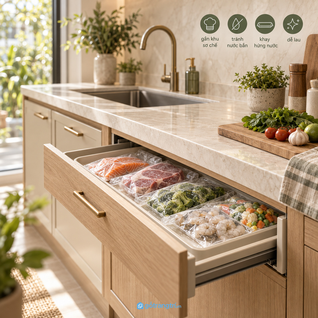 Tủ bếp may đo giúp khay rã đông khớp đúng luồng nấu, chậu rửa và khu gia vị
