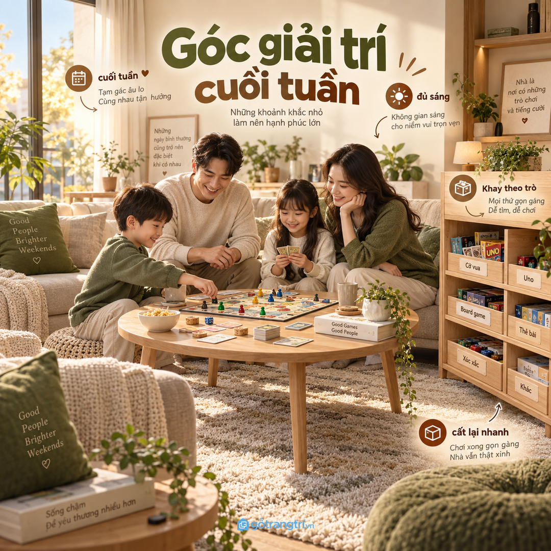 Góc giải trí cuối tuần nên chia khay theo từng trò để mở ra là chơi được ngay