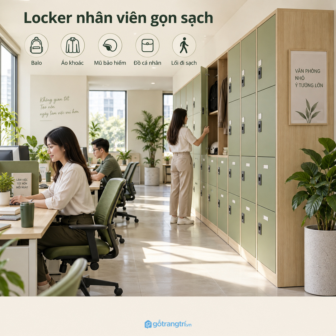 Locker nhân viên gọn sạch tạo cảm giác văn phòng nhỏ chuyên nghiệp hơn