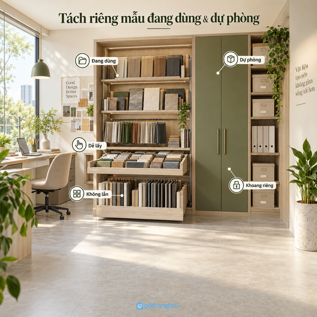 Tủ may đo giúp mẫu vật liệu gọn sạch rõ mã và nâng cảm giác chuyên nghiệp khi gặp khách