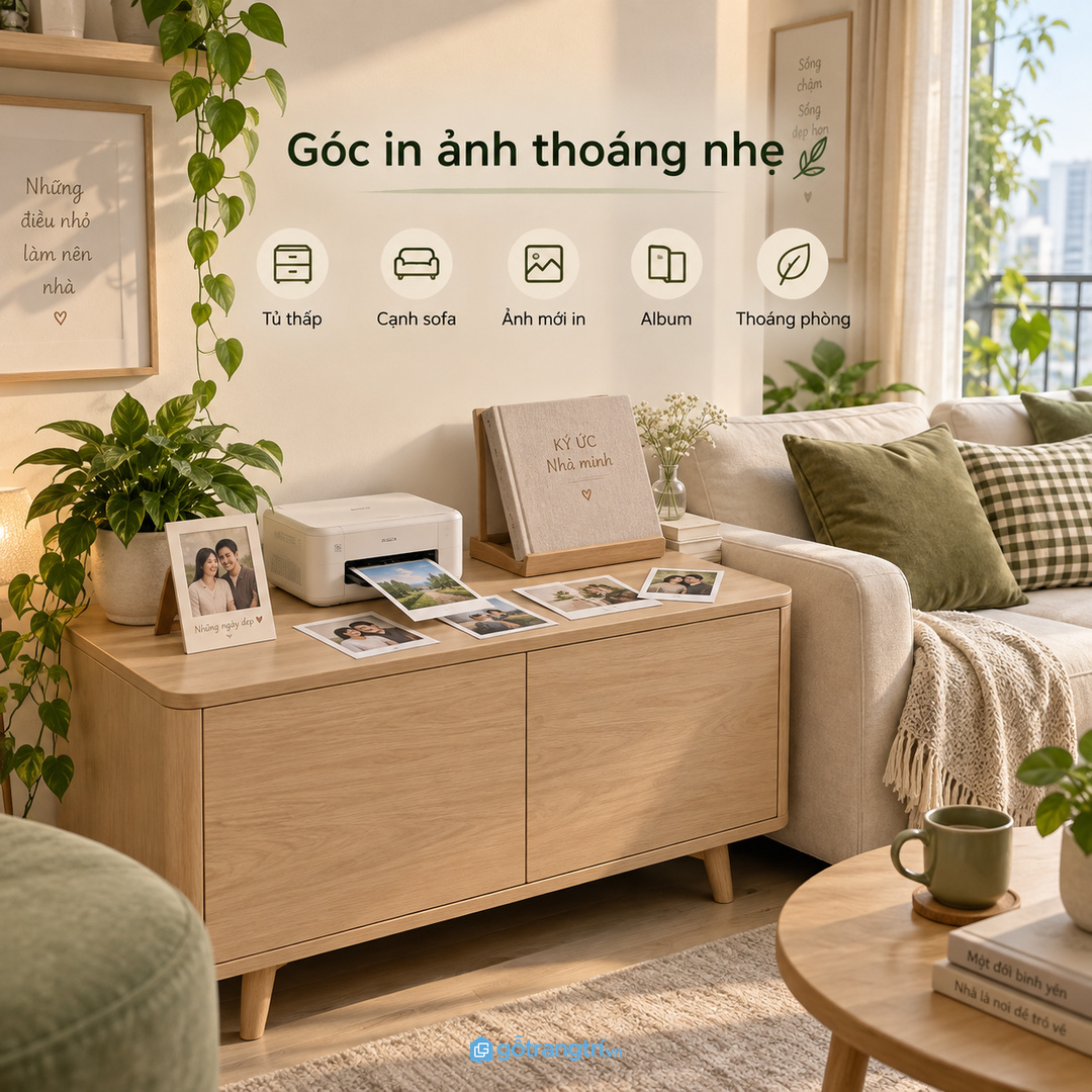 Phòng khách nhỏ hợp tủ thấp màu sáng để máy in ảnh mini gọn mà không nặng mắt