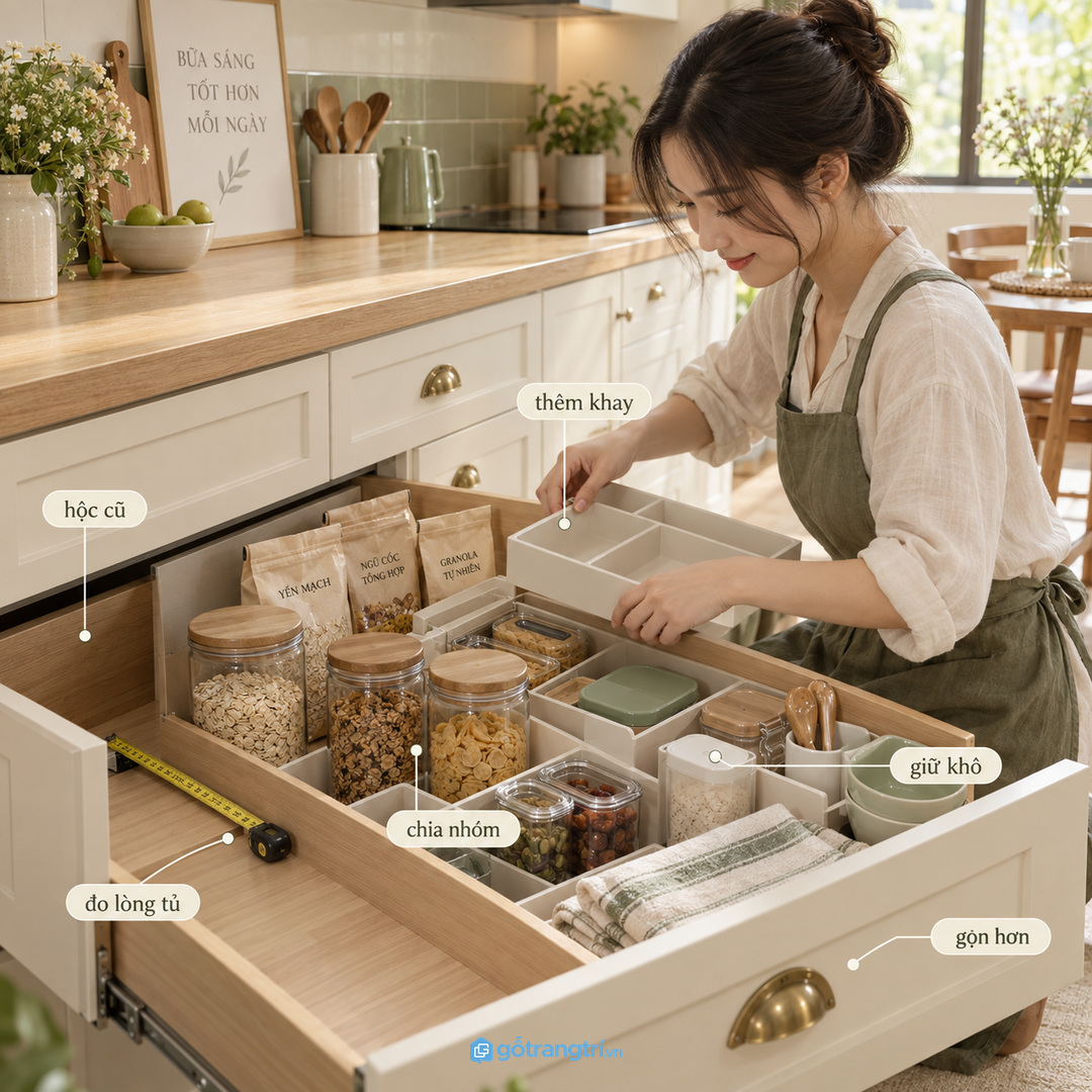 Bếp cũ vẫn có thể cải tạo một hộc nhỏ thành tủ ngũ cốc