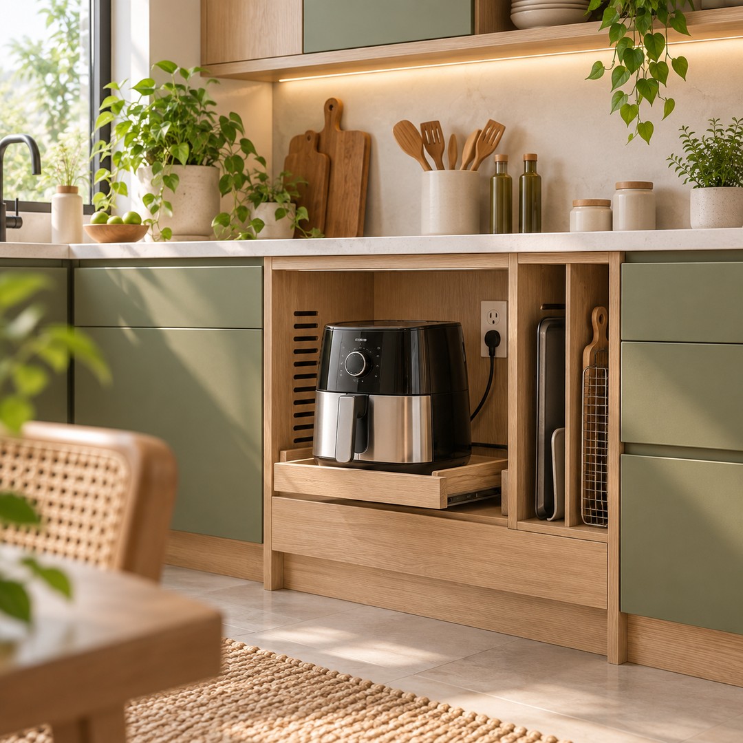 Tủ may đo giúp bếp nhỏ gọn máy, sạch dây và giữ thói quen cất lại sau khi dùng