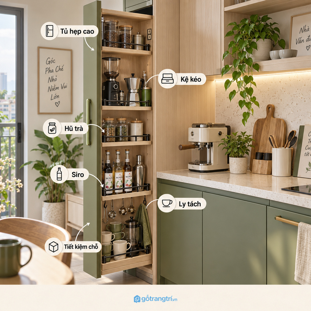 Kệ kéo giúp chai lọ không bị khuất sâu trong tủ bếp