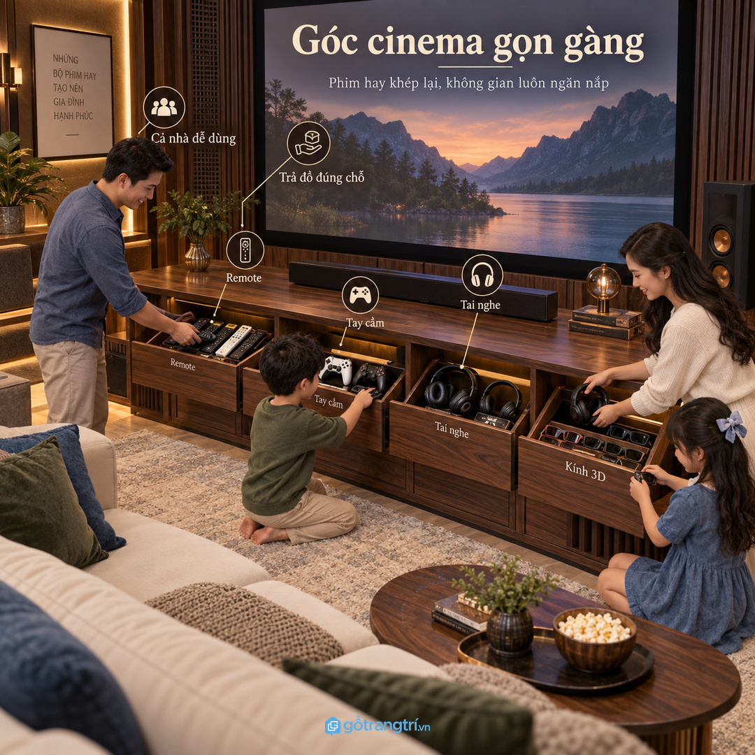 Tủ may đo giúp phòng phim dùng tiện mà vẫn giữ cảm giác sang
