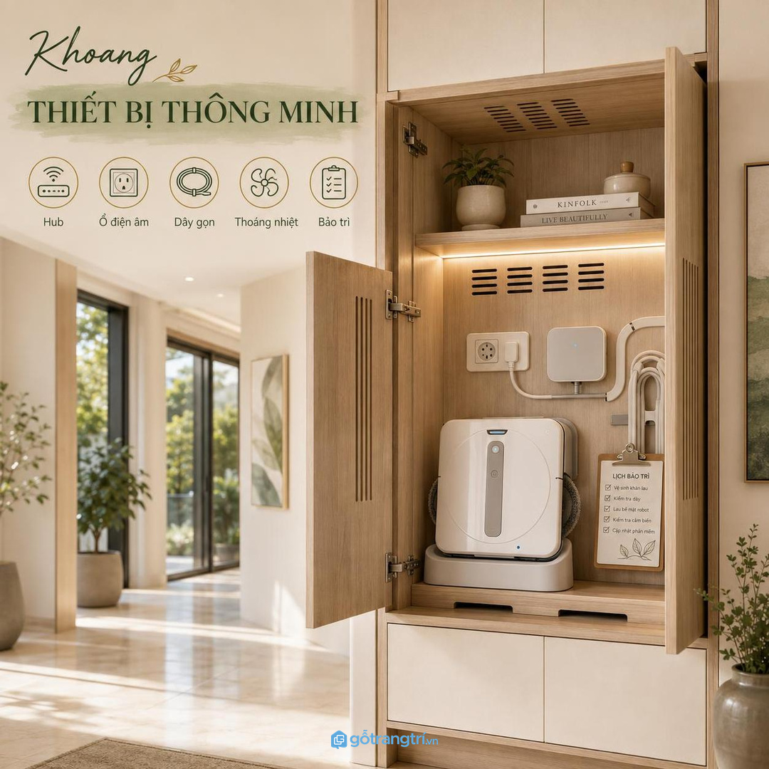 Biệt thự thông minh có thể thêm khoang hub ổ điện âm dây gọn và checklist bảo trì
