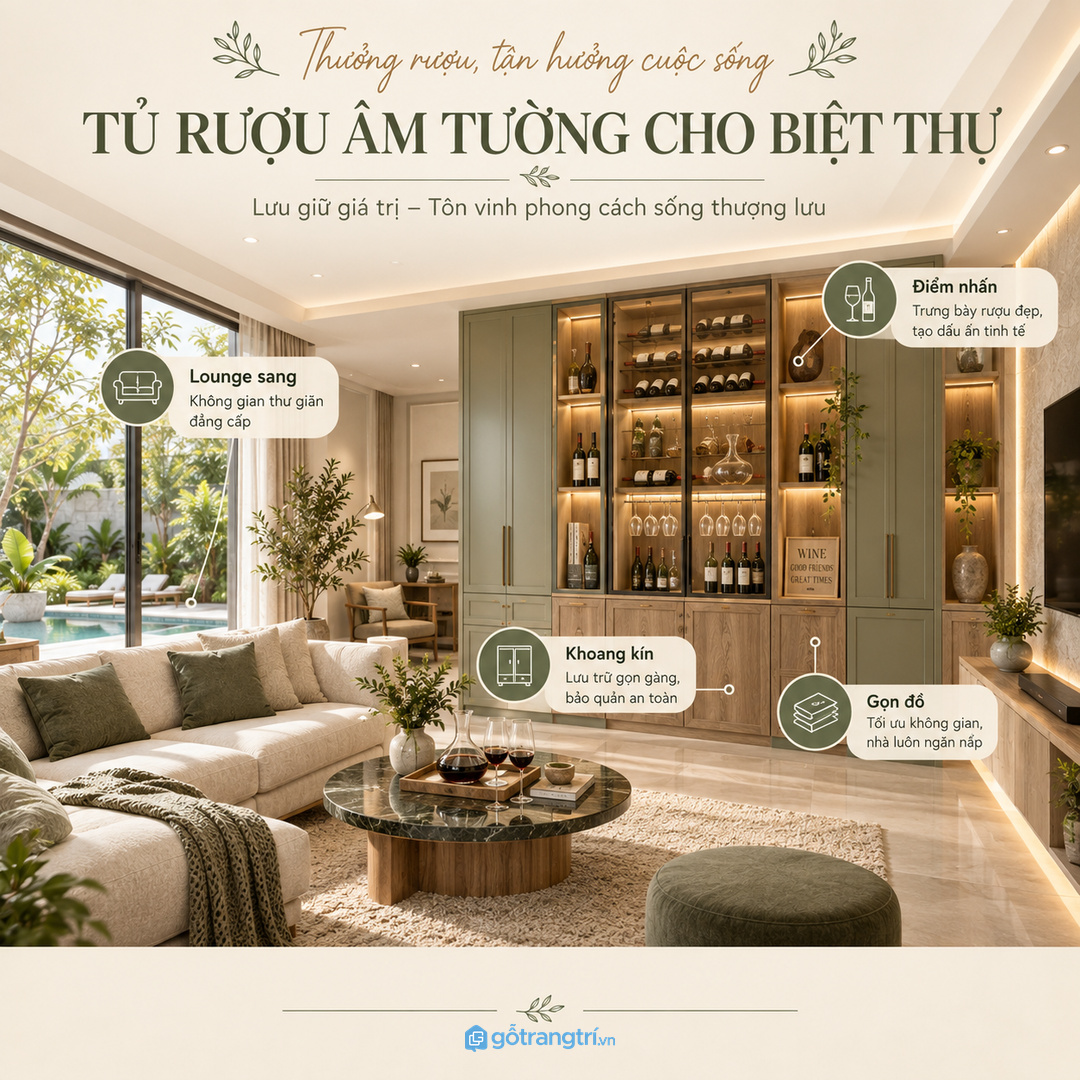 Tủ rượu âm tường cho biệt thự giữ phong cách sang nhưng vẫn gọn đồ