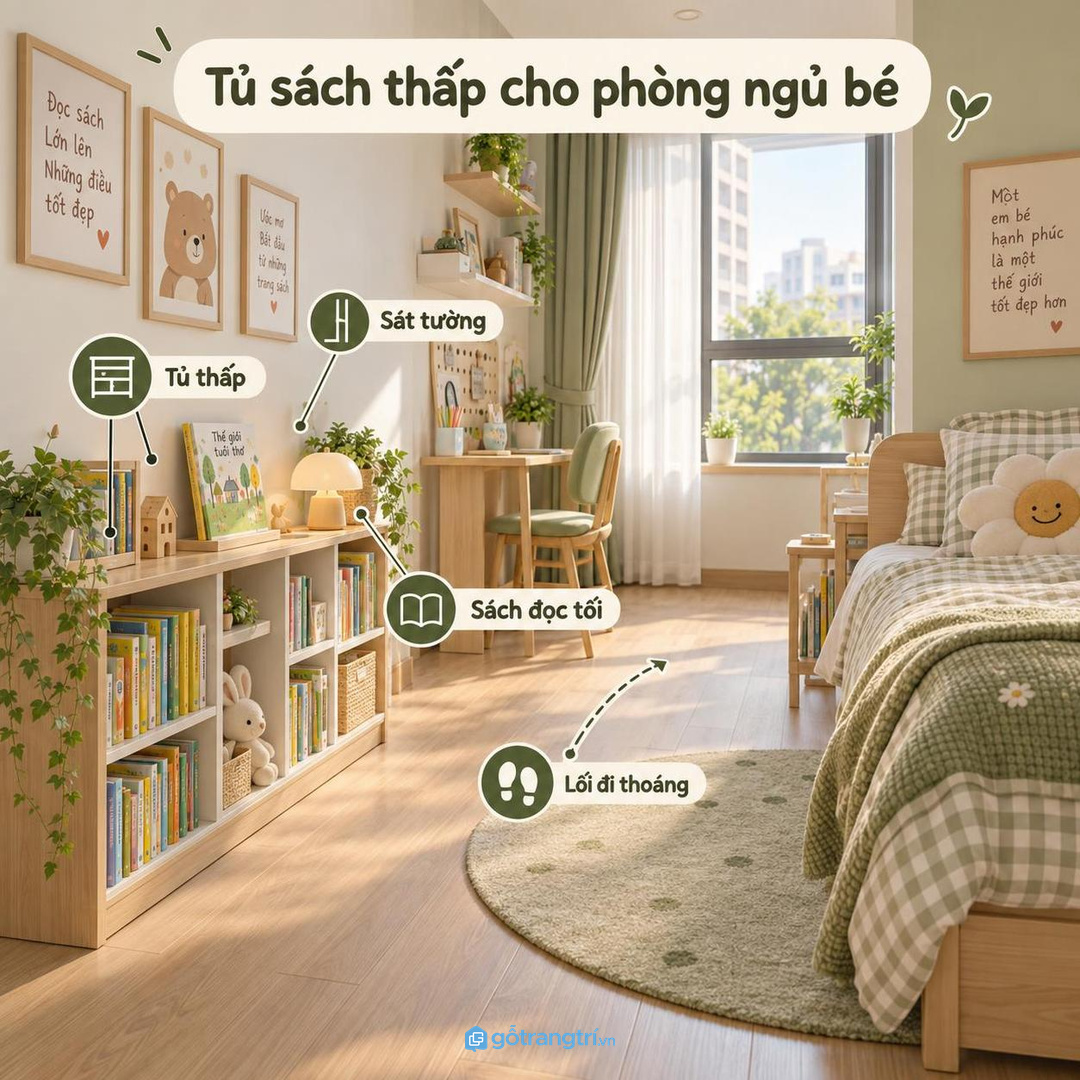 Căn hộ có hai bé nên chia khoang theo tuổi và thói quen đọc