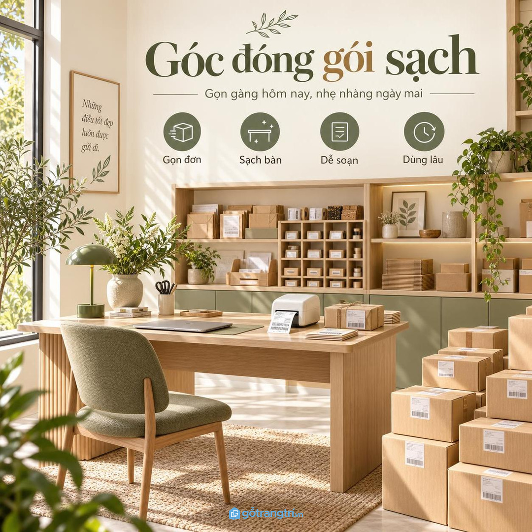 Góc đóng gói sạch giúp đơn hàng ra đều và bàn làm việc gọn lâu