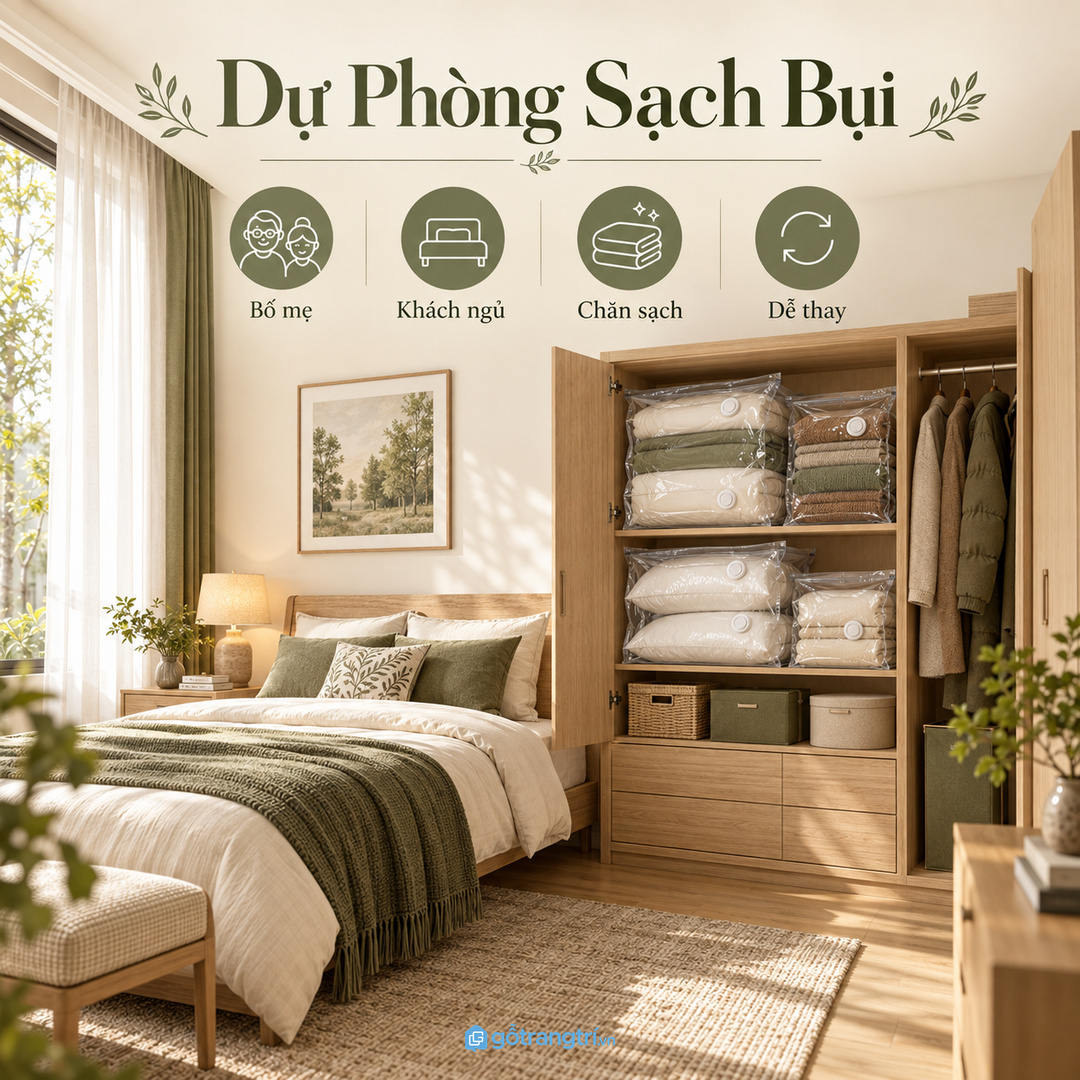 Phòng bố mẹ hoặc phòng khách ngủ phụ nên có bộ dự phòng sạch bụi dễ thay