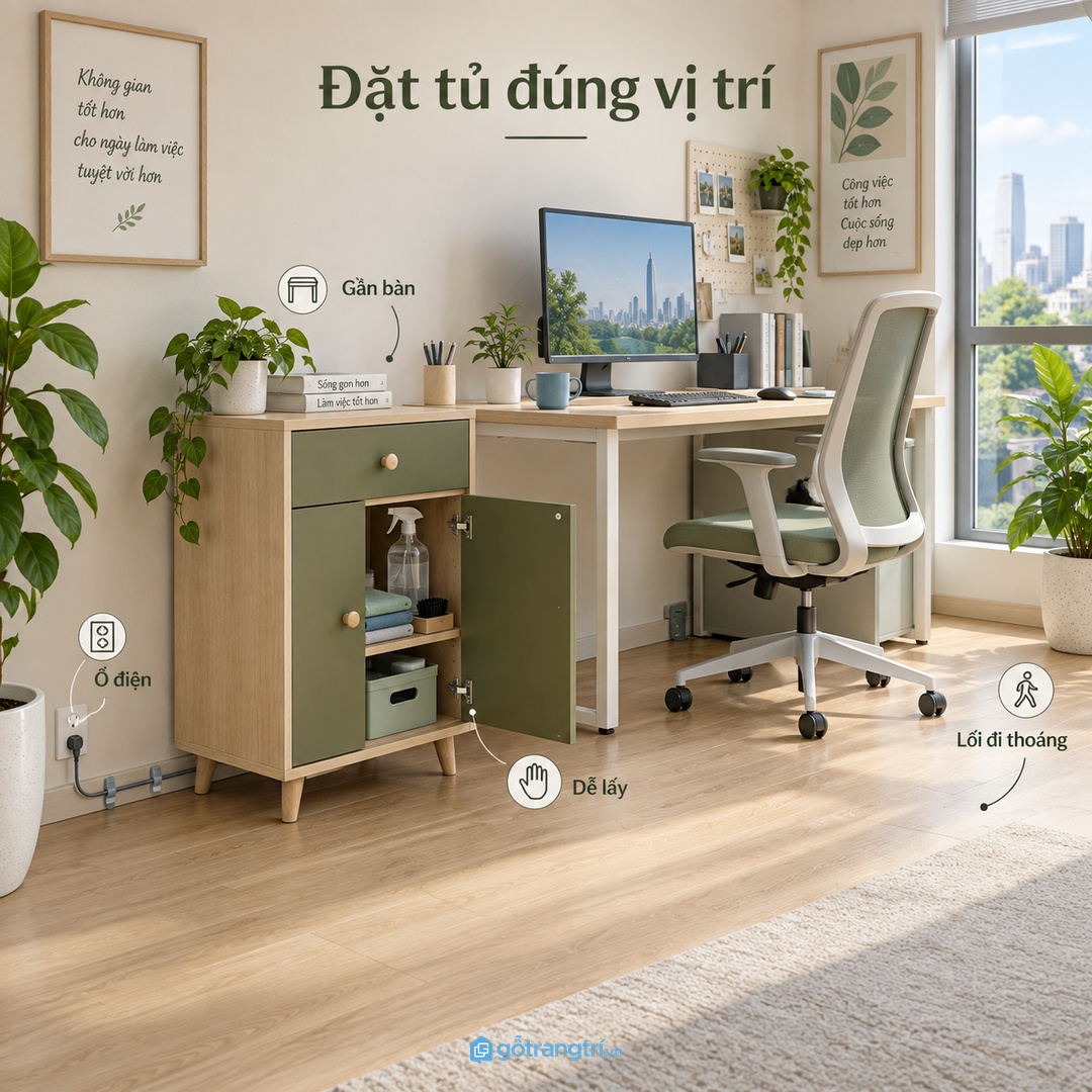 Văn phòng nhiều máy tính hợp tủ thấp màu sáng giấu đồ làm sạch nhưng mở ra thấy rõ từng nhóm
