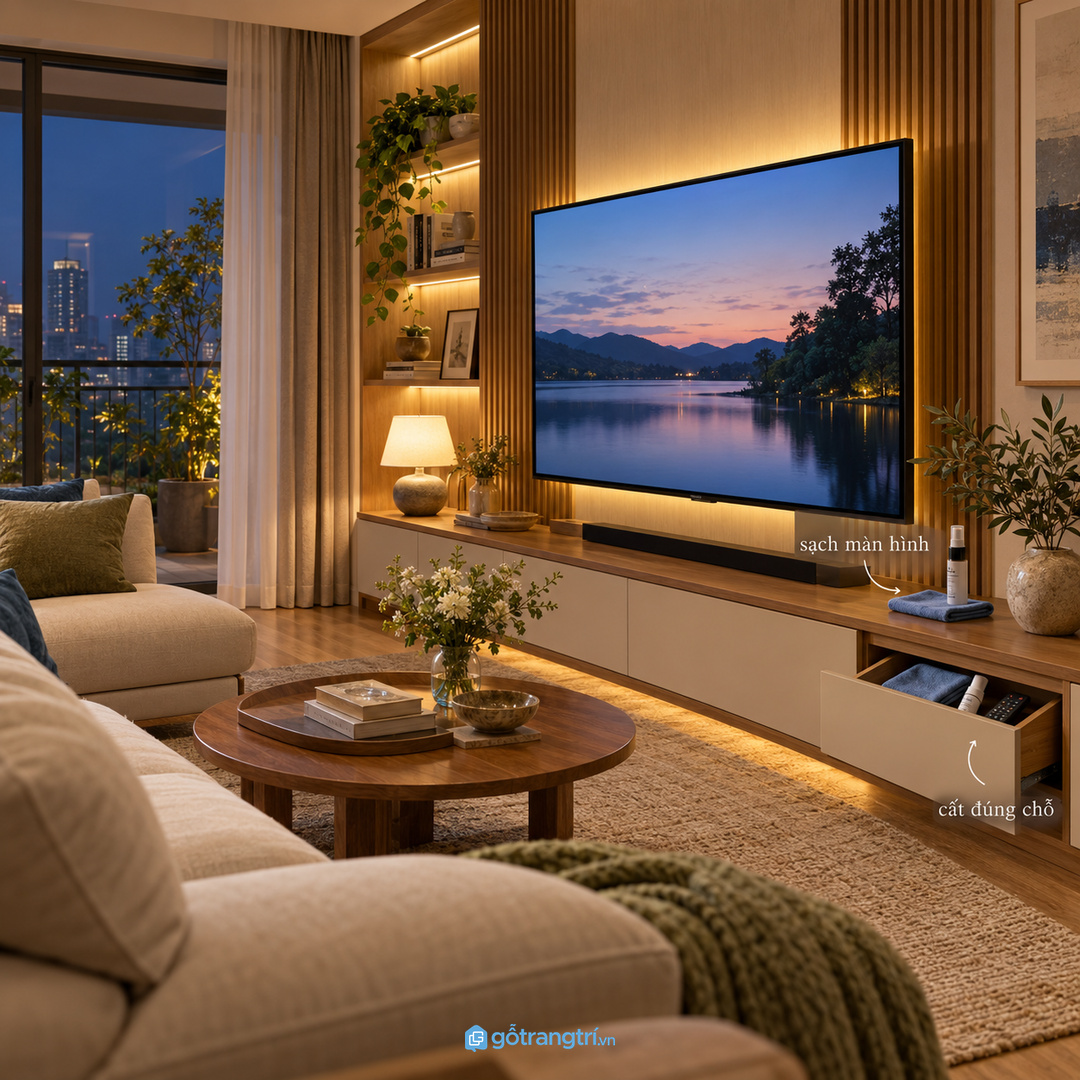 Cất đúng chỗ sau mỗi lần vệ sinh giúp màn hình sạch và phòng khách giữ nếp lâu hơn