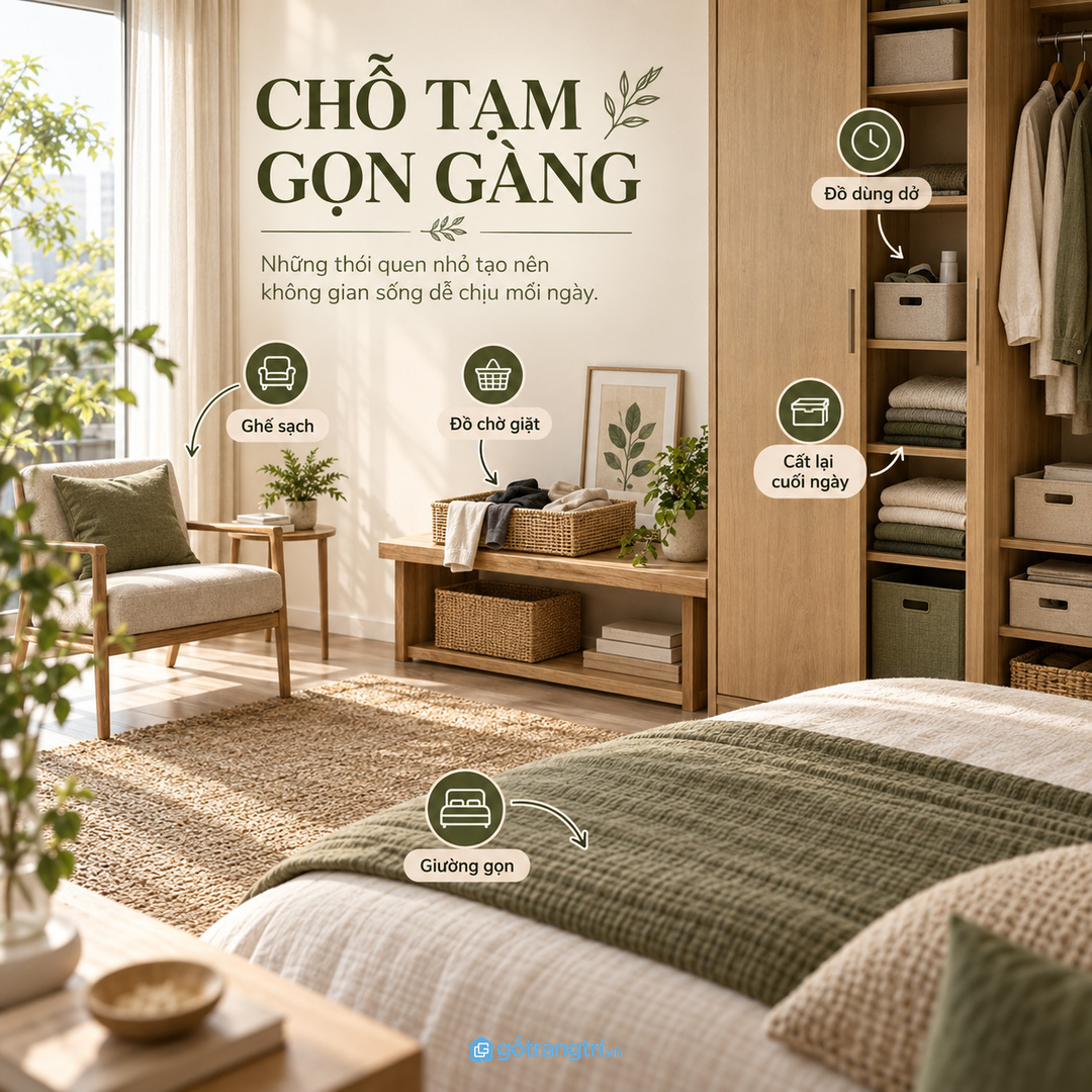Chừa chỗ cho đồ chờ giặt và đồ cần cất lại để ghế và giường luôn gọn