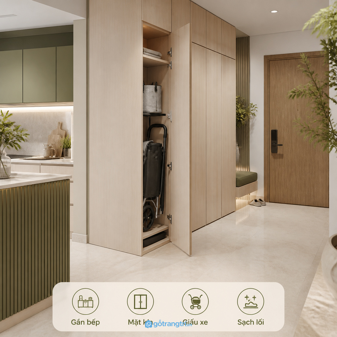 Căn hộ có bếp gần cửa nên dùng tủ kín mặt ngoài để giấu xe đẩy và giữ lối sạch