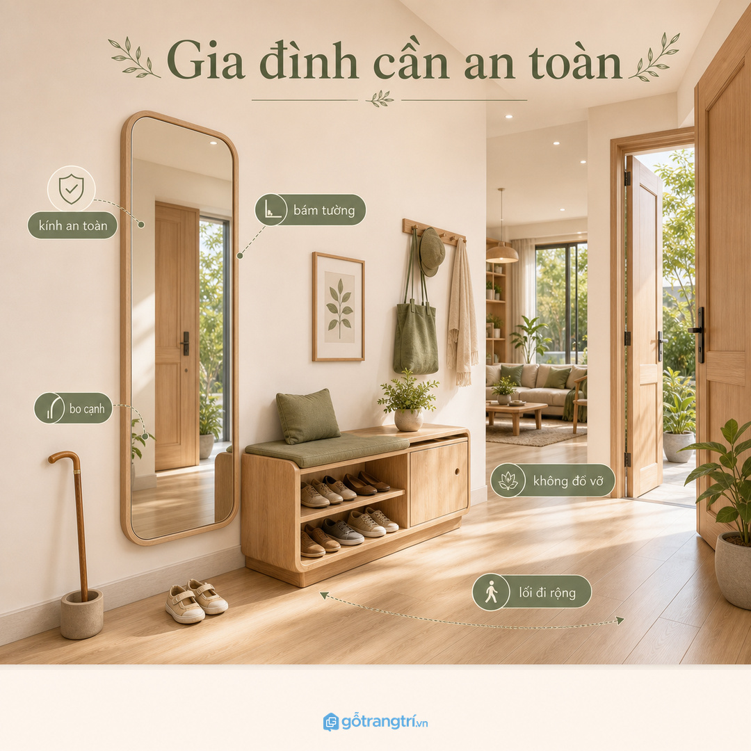 Gia đình có trẻ nhỏ cần kính an toàn, bo cạnh và lối đi rộng