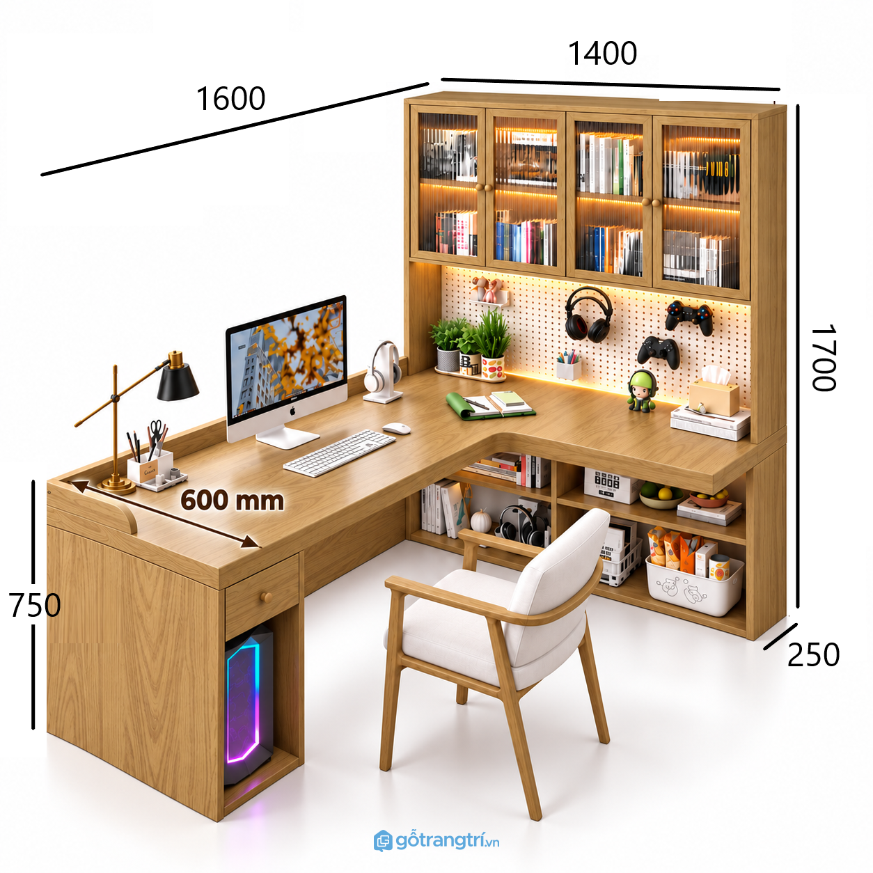 Bàn học chữ L có tủ kính đèn LED, rộng rãi và gọn đồ