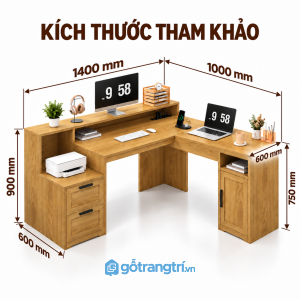 Bàn làm việc chữ L 1m4 có tủ, kệ máy in rộng rãi