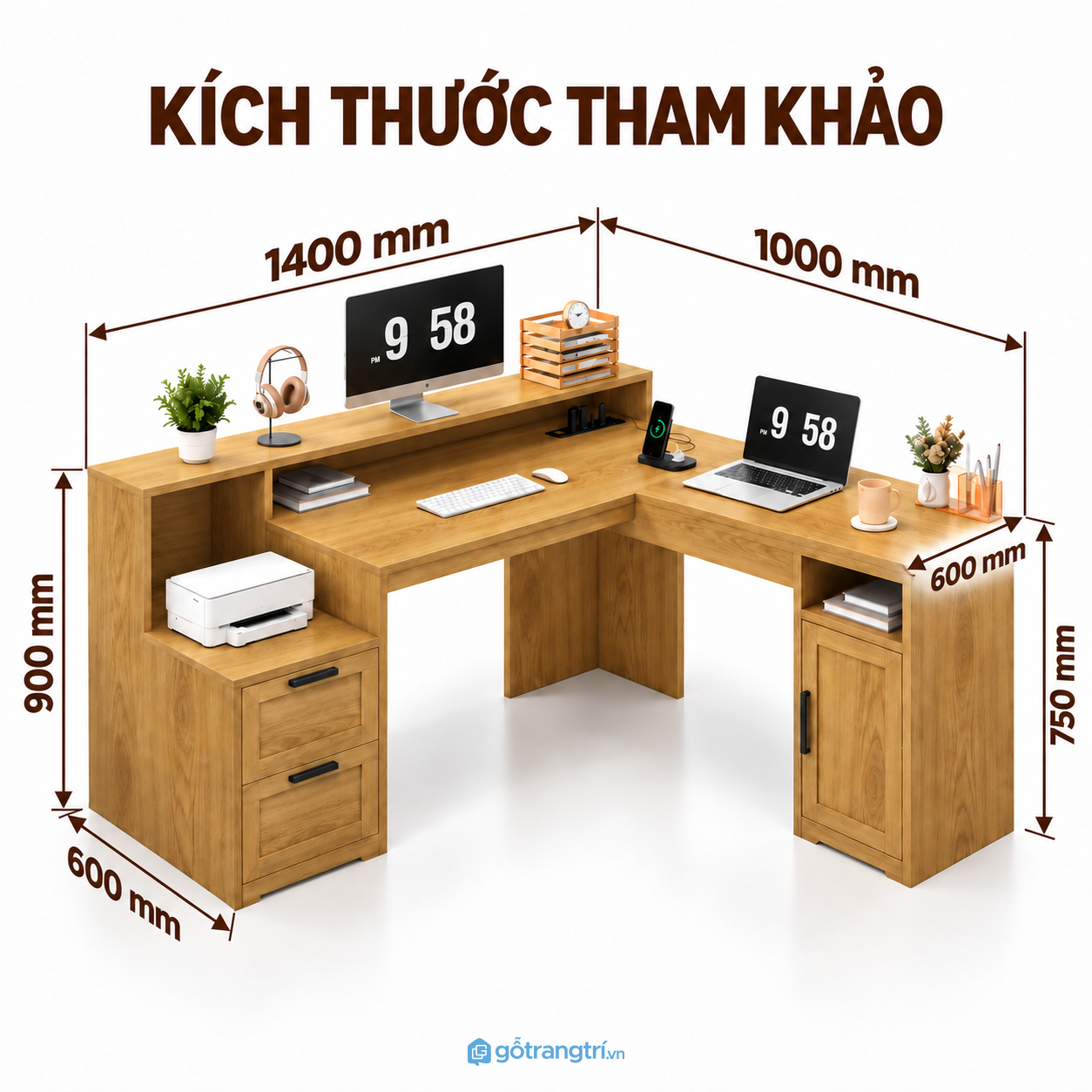 Bàn làm việc chữ L 1m4 có tủ, kệ máy in rộng rãi Bàn làm việc chữ L 1m4 có tủ, kệ máy in rộng rãi