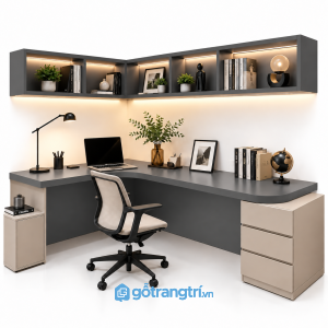 Bàn làm việc chữ L có kệ treo tường màu gỗ GHS-4057 - 140x110x750cm - Màu ghi - GHS-4057d