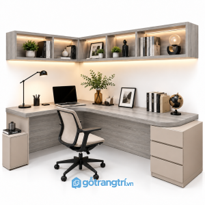 Bàn làm việc chữ L có kệ treo tường màu gỗ GHS-4057 - 140x110x750cm - Màu gỗ 413 - GHS-4057a