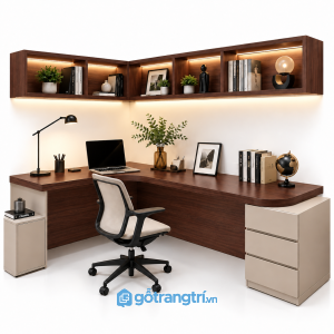 Bàn làm việc chữ L có kệ treo tường màu gỗ GHS-4057 - 140x110x750cm - Màu gỗ 613 - GHS-4057b