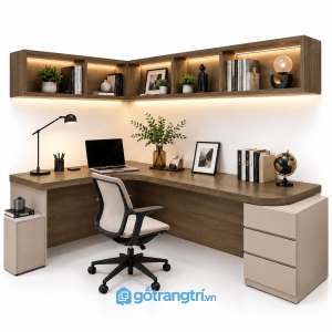 Bàn làm việc chữ L có kệ treo tường màu gỗ GHS-4057 - 140x110x750cm - Màu gỗ óc chó - GHS-4057e