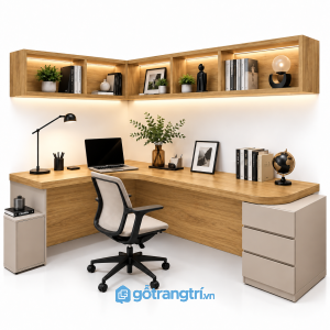 Bàn làm việc chữ L có kệ treo tường màu gỗ GHS-4057 - 140x110x750cm - Màu gỗ sồi - GHS-4057c