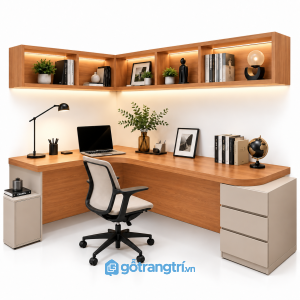 Bàn làm việc chữ L có kệ treo tường màu gỗ GHS-4057 - 140x110x750cm - Màu gỗ xoan đào - GHS-4057h