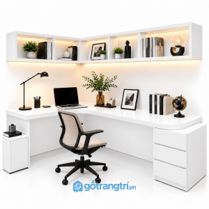Bàn làm việc chữ L có kệ treo tường màu gỗ GHS-4057 - 140x110x750cm - Màu trắng - GHS-4057f