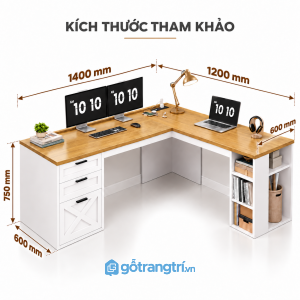 Bàn làm việc chữ L màu trắng vân gỗ – rộng mặt bàn, gọn lưu trữ
