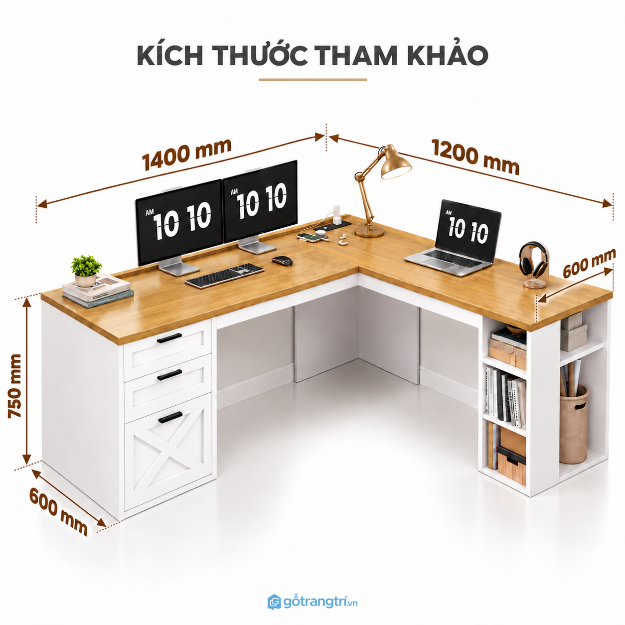 Bàn làm việc chữ L màu trắng vân gỗ – rộng mặt bàn, gọn lưu trữ