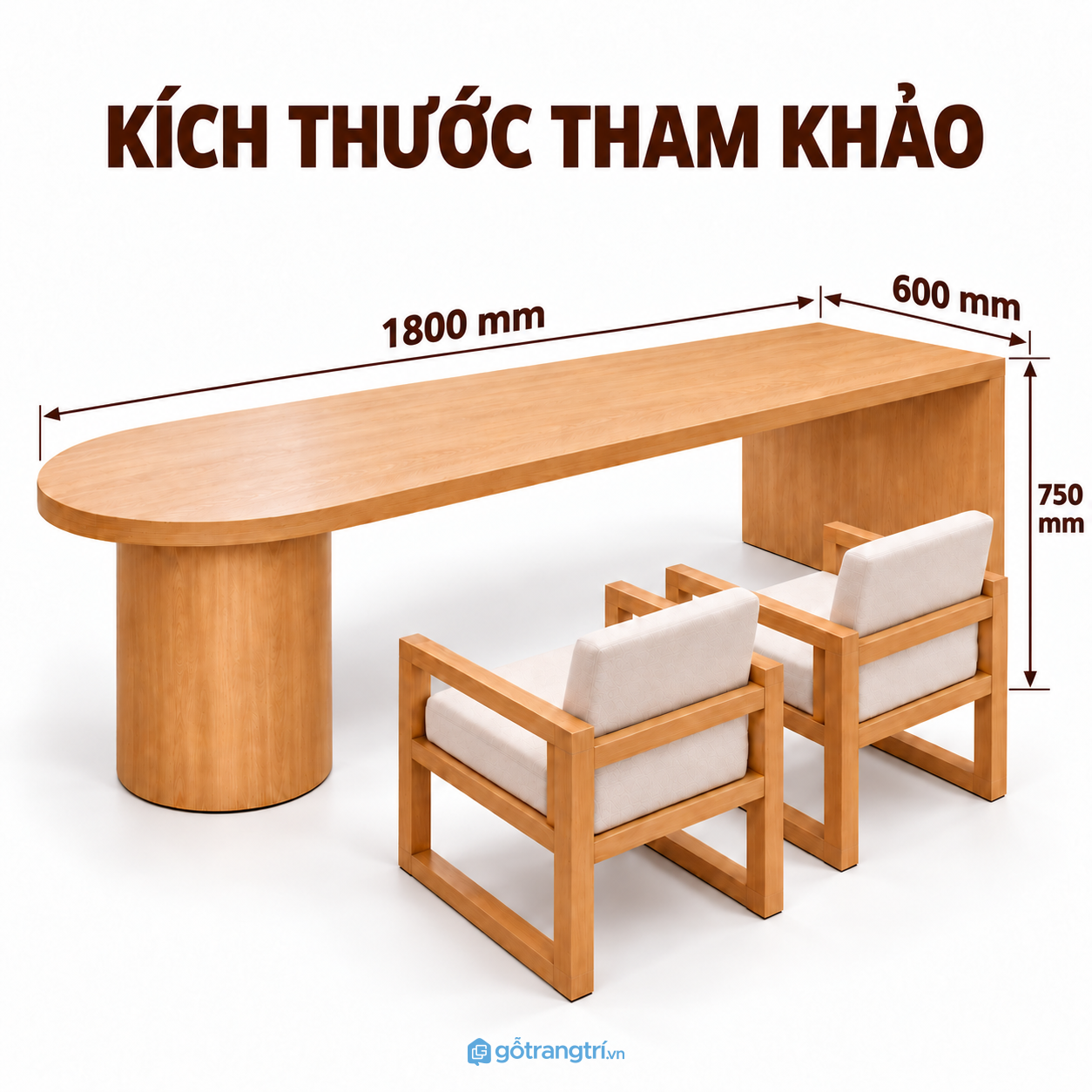 Bàn làm việc gỗ bo tròn một đầu với mặt dài rộng