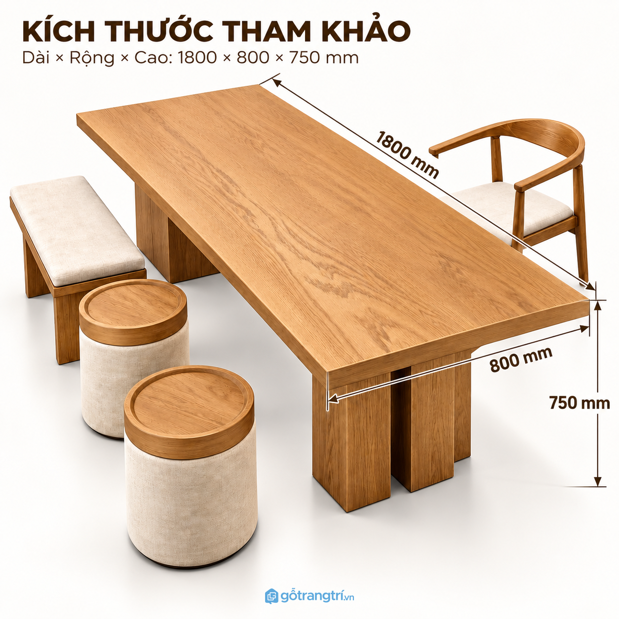 Bàn tiếp khách gỗ chữ nhật mặt rộng, màu gỗ tự nhiên