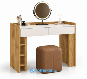 Bàn trang điểm gỗ màu vàng có gương tròn GHS-4032 - 1000X450X1350MM - Màu gỗ sồi - GHS-4032E