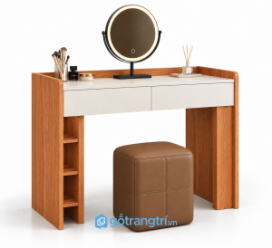 Bàn trang điểm gỗ màu vàng có gương tròn GHS-4032 - 1000X450X1350MM - Màu gỗ xoan đào - GHS-4032F